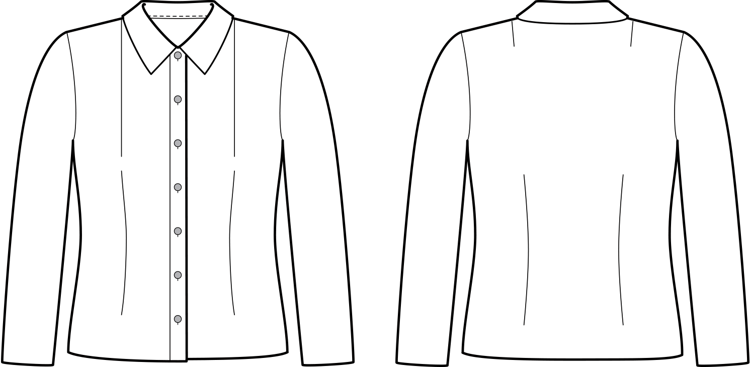 Vorder- und Rückansicht der technische Zeichnung einer Bluse mit Abnäher