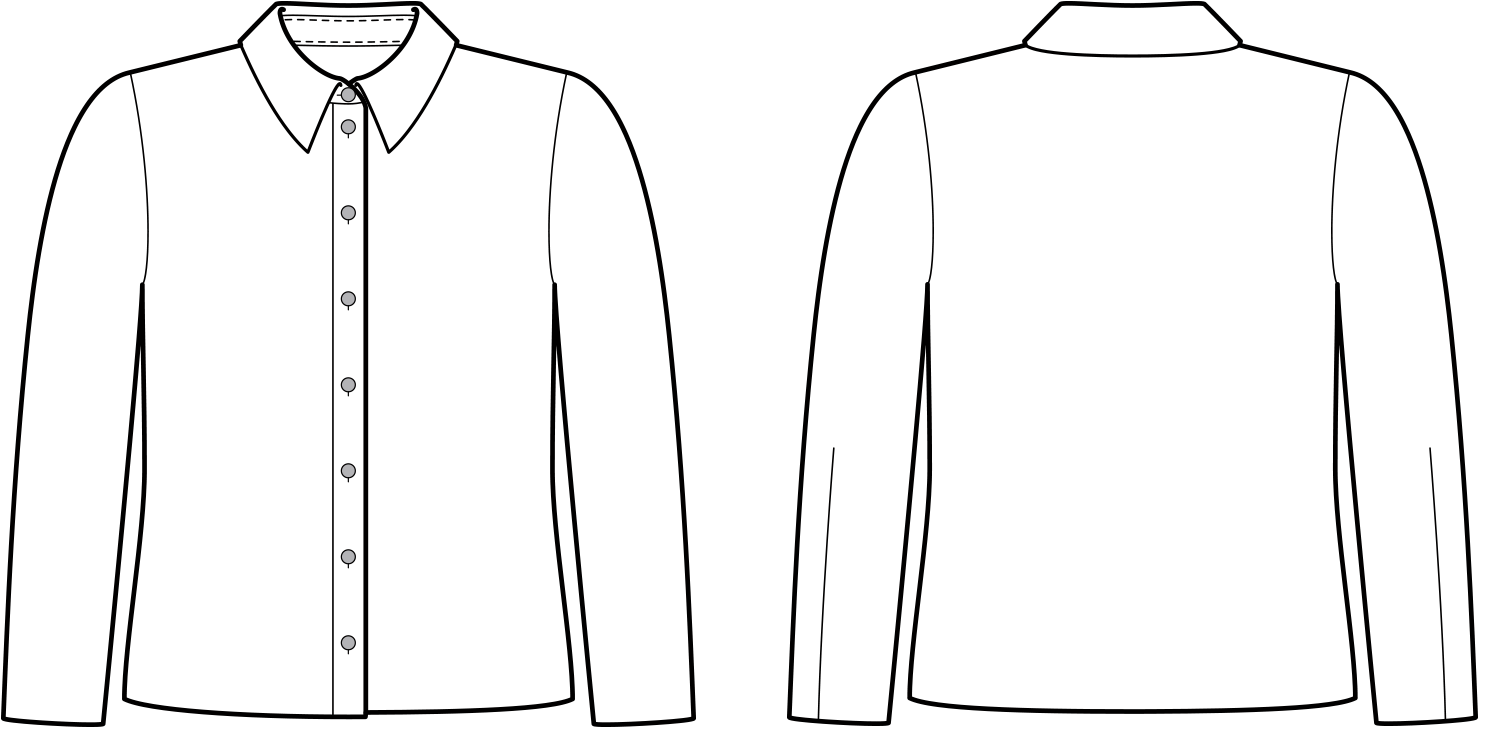 Vorder- und Rückansicht der technische Zeichnung einer Bluse ohne Abnäher