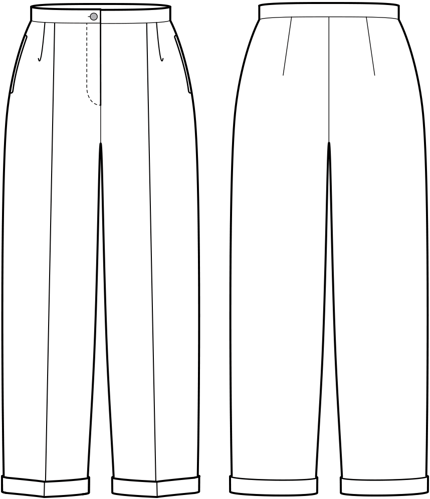 Vorder- und Rückansicht der technische Zeichnung einer Bundfaltenhose