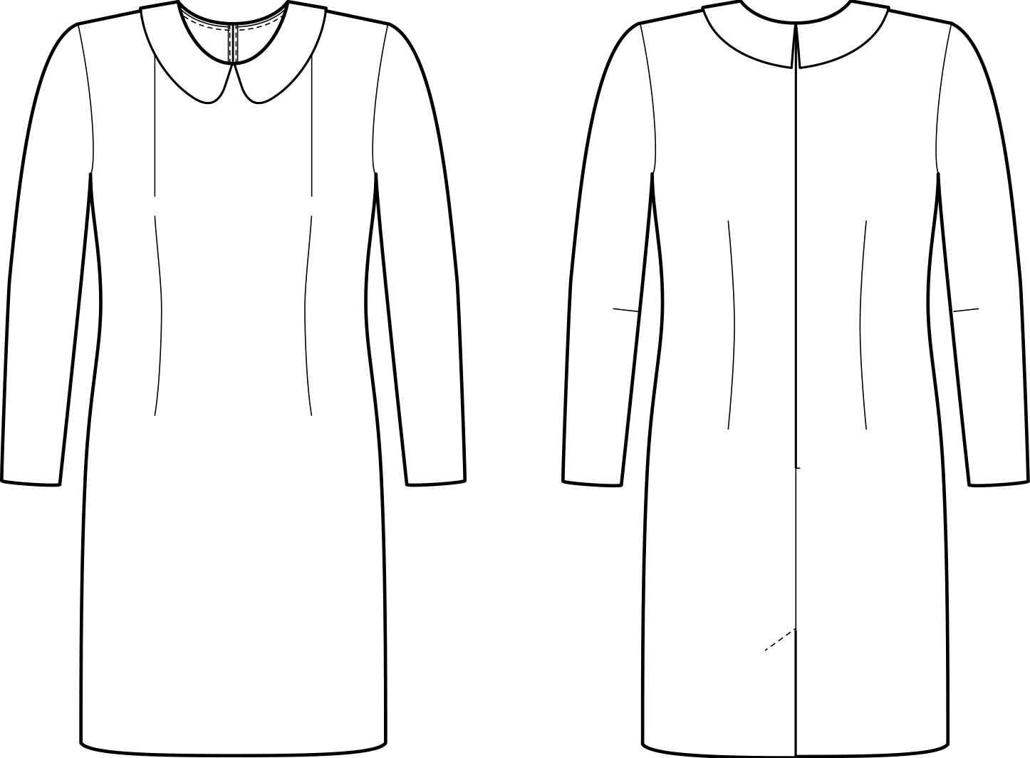 Vorder- und Rückansicht der technische Zeichnung eines Kleides mit Abnähern