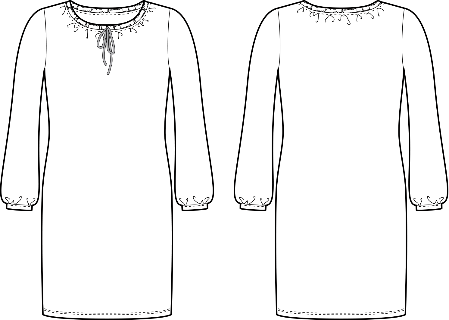Vorder- und Rückansicht der technische Zeichnung eines Kleides ohne Abnäher