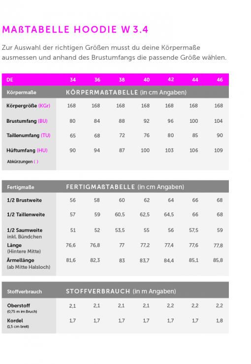 Maßtabelle Hoodie Schnittmuster zur Wahl der richtigen Größe