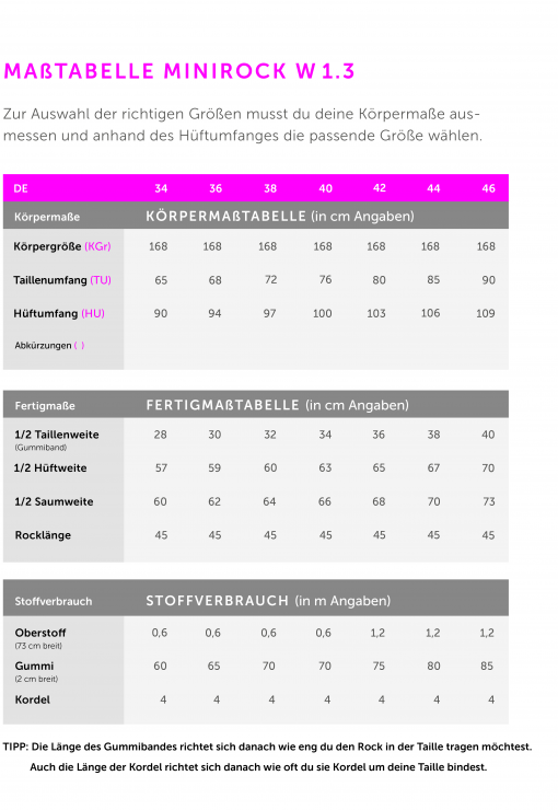 Maßtabelle Schnittmuster Rock