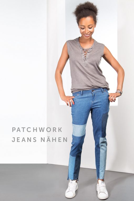 Eine Patchworkjeans als Schnittmuster ist abgebildet