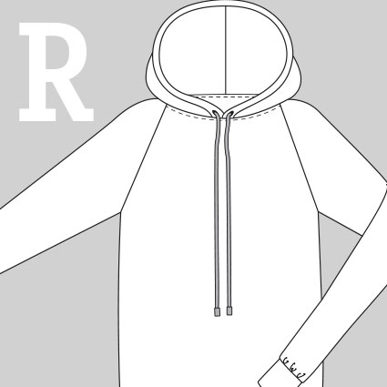 Eine technische Zeichnung eines Pullovers mit einem Raglanärmel ist zu sehen.